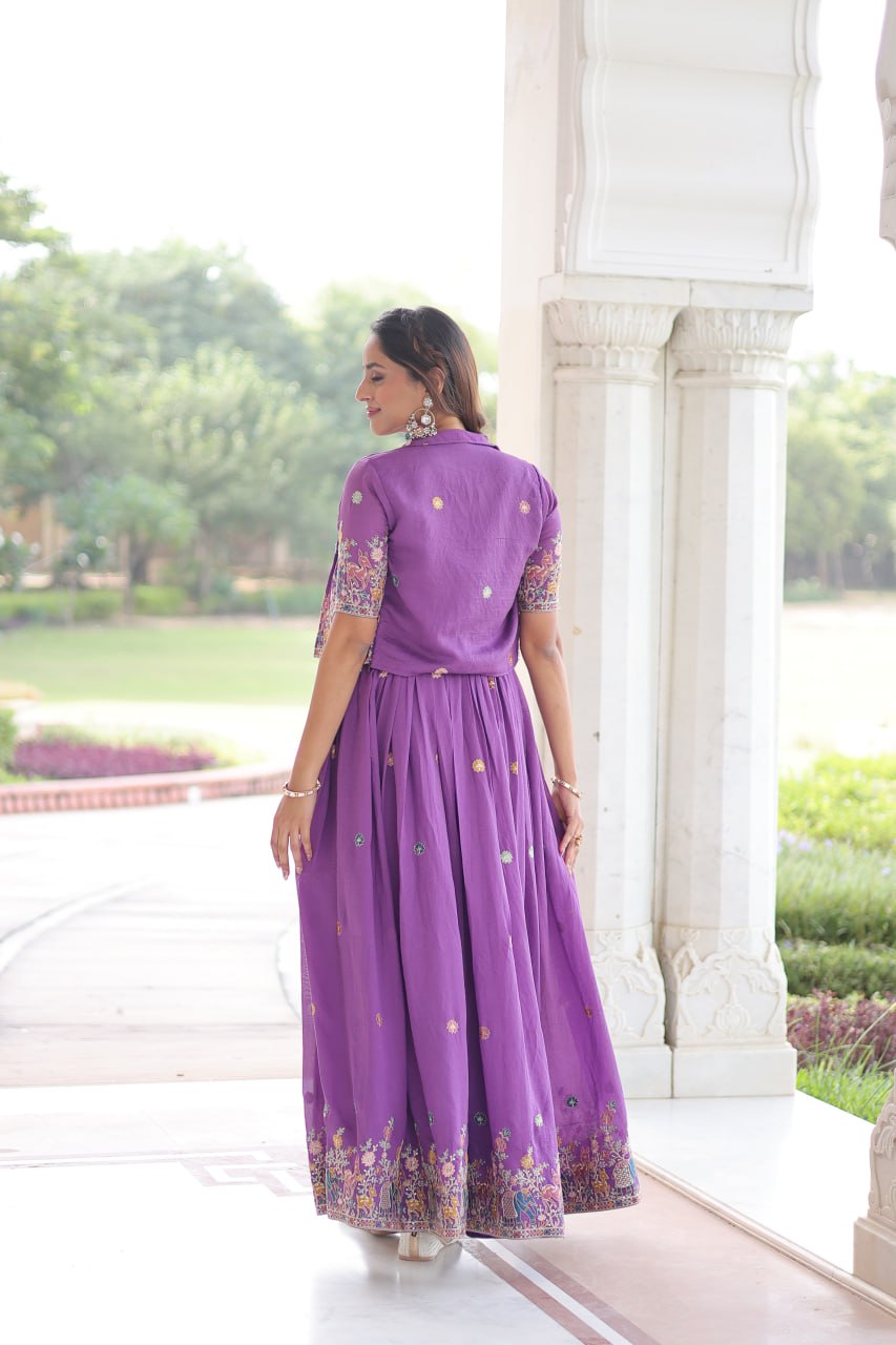Purple Elegant Vichitra Silk Embroidered Gown with Designer Sleeveless Silhouette & Embroidered Koti – Premium Stitched Ensemble ClothsVilla