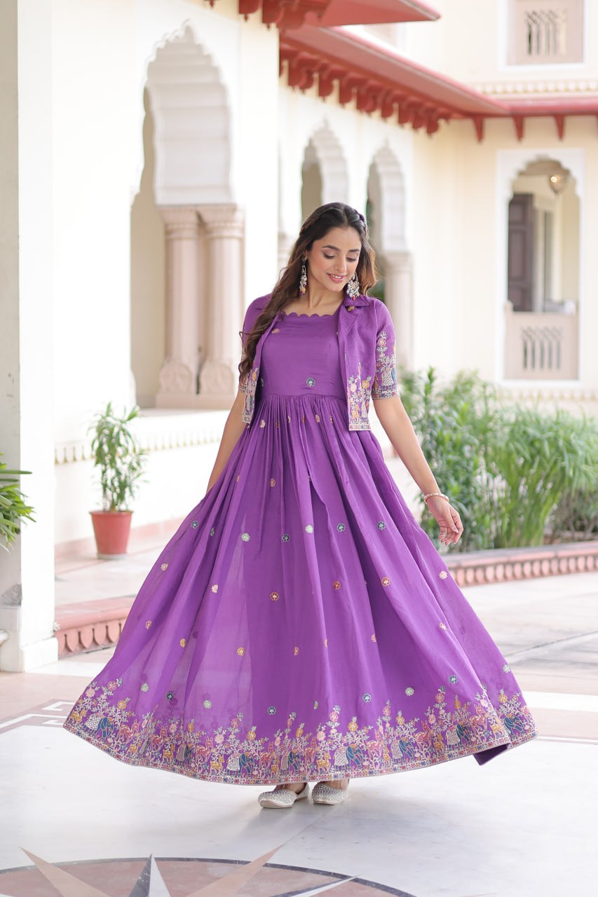 Purple Elegant Vichitra Silk Embroidered Gown with Designer Sleeveless Silhouette & Embroidered Koti – Premium Stitched Ensemble ClothsVilla