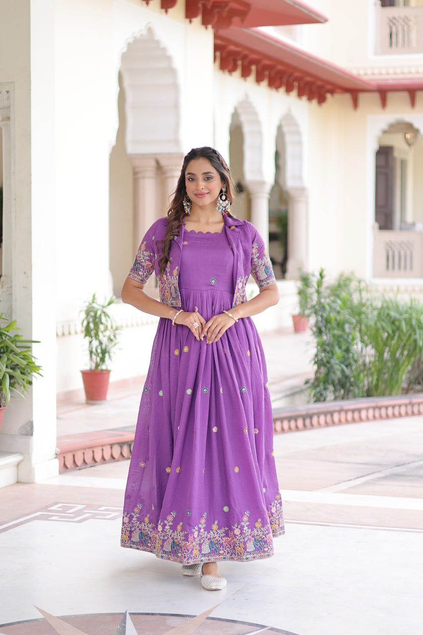 Purple Elegant Vichitra Silk Embroidered Gown with Designer Sleeveless Silhouette & Embroidered Koti – Premium Stitched Ensemble ClothsVilla