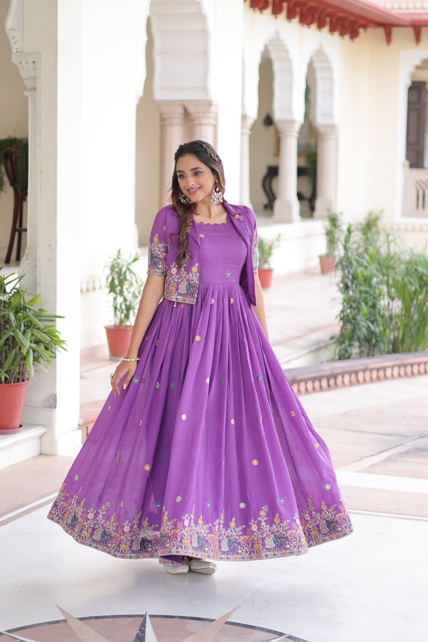 Purple Elegant Vichitra Silk Embroidered Gown with Designer Sleeveless Silhouette & Embroidered Koti – Premium Stitched Ensemble ClothsVilla