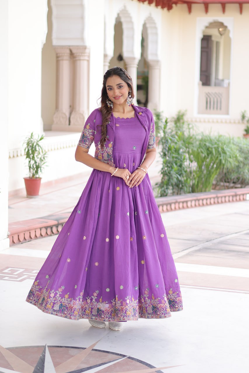 Purple Elegant Vichitra Silk Embroidered Gown with Designer Sleeveless Silhouette & Embroidered Koti – Premium Stitched Ensemble ClothsVilla