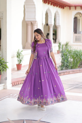 Purple Elegant Vichitra Silk Embroidered Gown with Designer Sleeveless Silhouette & Embroidered Koti – Premium Stitched Ensemble ClothsVilla