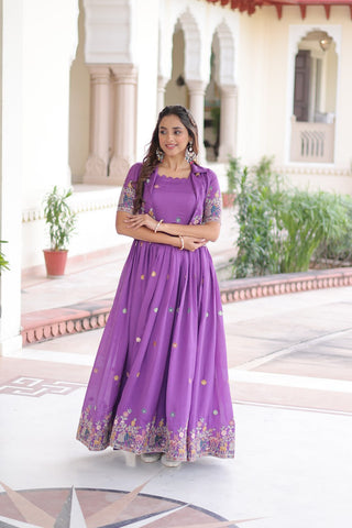 Purple Elegant Vichitra Silk Embroidered Gown with Designer Sleeveless Silhouette & Embroidered Koti – Premium Stitched Ensemble ClothsVilla