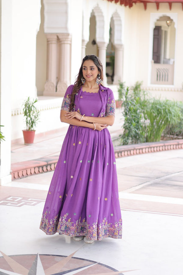 Purple Elegant Vichitra Silk Embroidered Gown with Designer Sleeveless Silhouette & Embroidered Koti – Premium Stitched Ensemble ClothsVilla