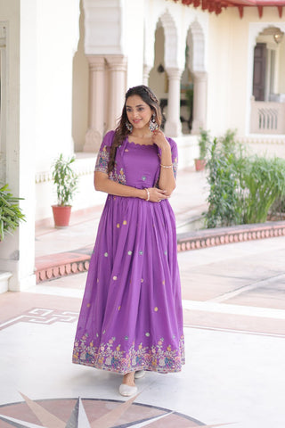 Purple Elegant Vichitra Silk Embroidered Gown with Designer Sleeveless Silhouette & Embroidered Koti – Premium Stitched Ensemble ClothsVilla