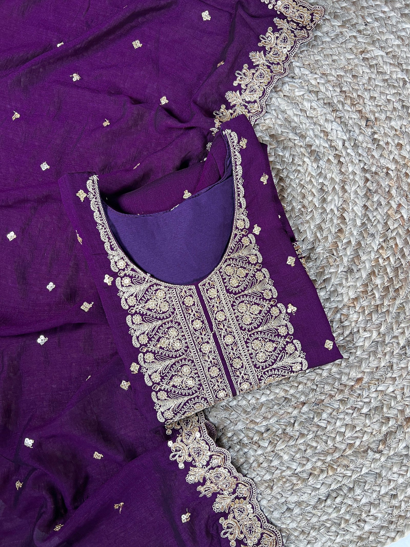 Purple Elegant Vichitra Silk Top & Bottom Set with Sequins & Thread Embroidery Work – Stitched Top, Plain Bottom, and Matching Dupatta ClothsVilla