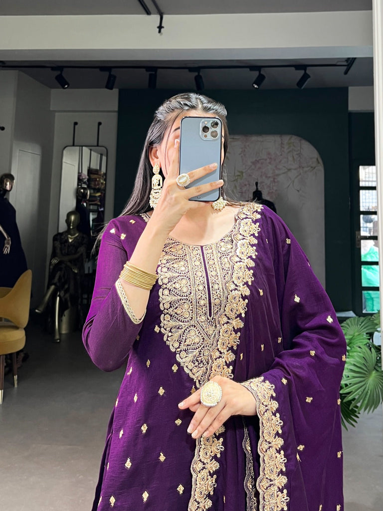 Purple Elegant Vichitra Silk Top & Bottom Set with Sequins & Thread Embroidery Work – Stitched Top, Plain Bottom, and Matching Dupatta ClothsVilla