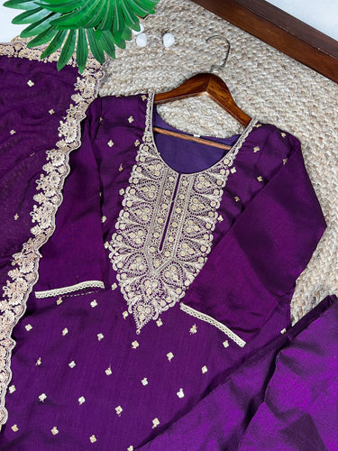 Purple Elegant Vichitra Silk Top & Bottom Set with Sequins & Thread Embroidery Work – Stitched Top, Plain Bottom, and Matching Dupatta ClothsVilla