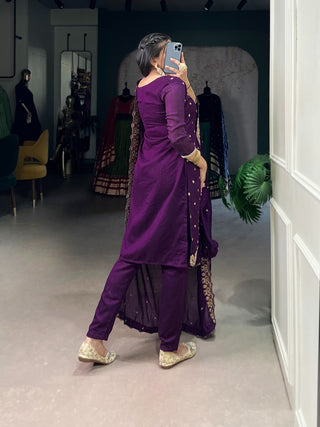 Purple Elegant Vichitra Silk Top & Bottom Set with Sequins & Thread Embroidery Work – Stitched Top, Plain Bottom, and Matching Dupatta ClothsVilla