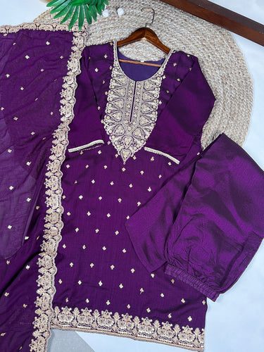 Purple Elegant Vichitra Silk Top & Bottom Set with Sequins & Thread Embroidery Work – Stitched Top, Plain Bottom, and Matching Dupatta ClothsVilla