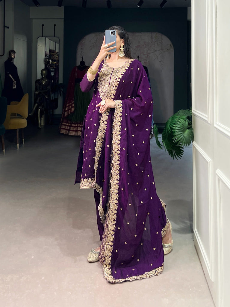 Purple Elegant Vichitra Silk Top & Bottom Set with Sequins & Thread Embroidery Work – Stitched Top, Plain Bottom, and Matching Dupatta ClothsVilla
