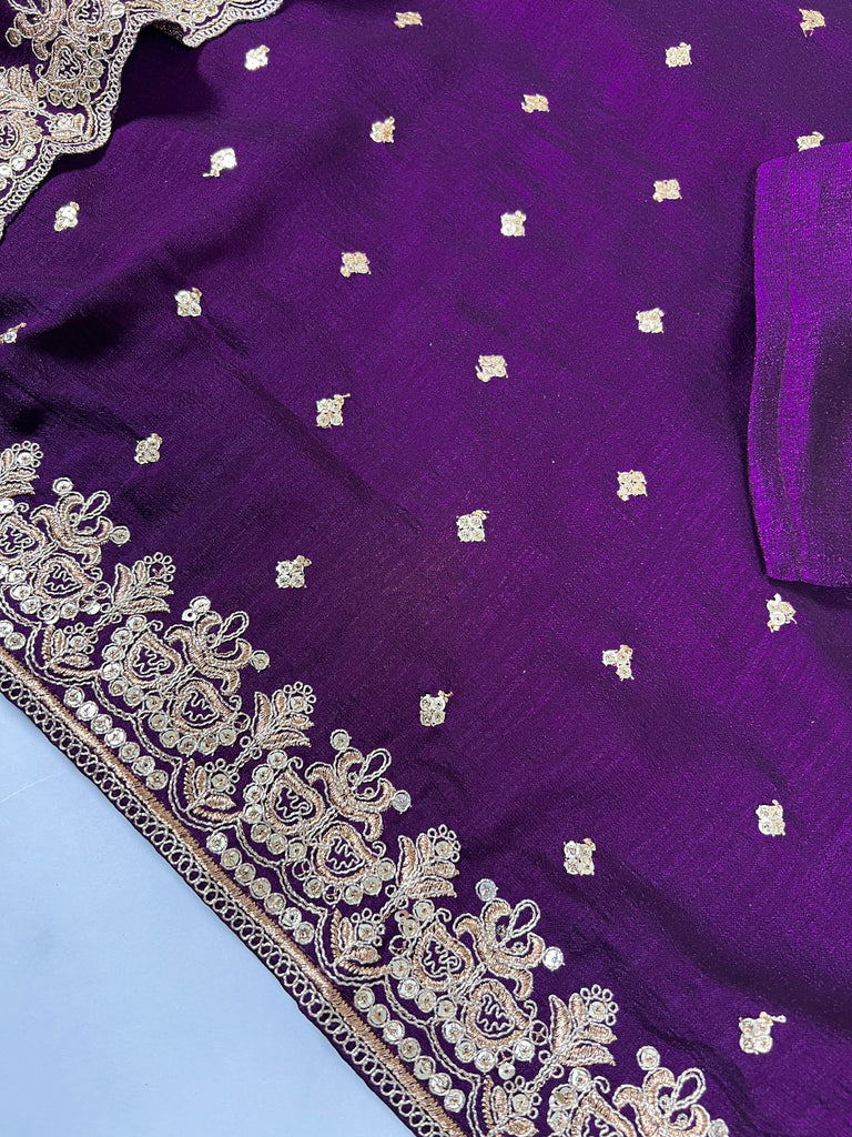 Purple Elegant Vichitra Silk Top & Bottom Set with Sequins & Thread Embroidery Work – Stitched Top, Plain Bottom, and Matching Dupatta ClothsVilla