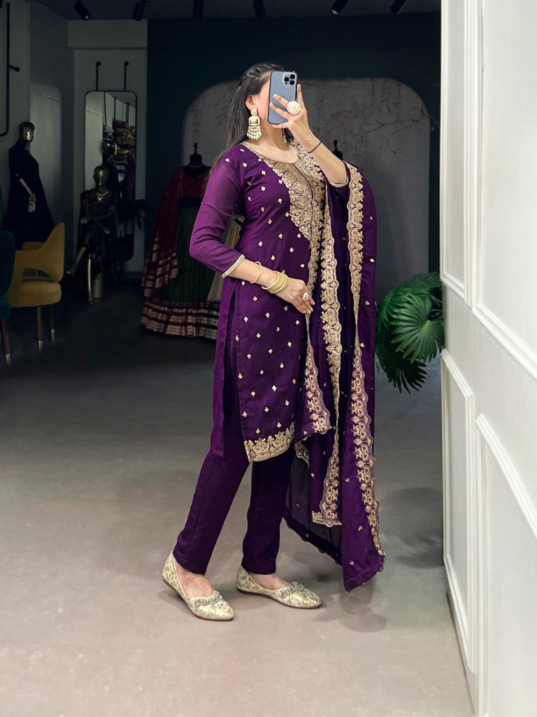 Purple Elegant Vichitra Silk Top & Bottom Set with Sequins & Thread Embroidery Work – Stitched Top, Plain Bottom, and Matching Dupatta ClothsVilla