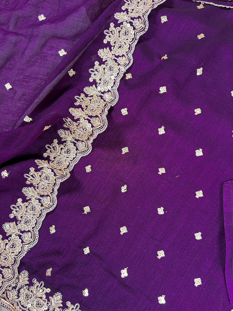 Purple Elegant Vichitra Silk Top & Bottom Set with Sequins & Thread Embroidery Work – Stitched Top, Plain Bottom, and Matching Dupatta ClothsVilla
