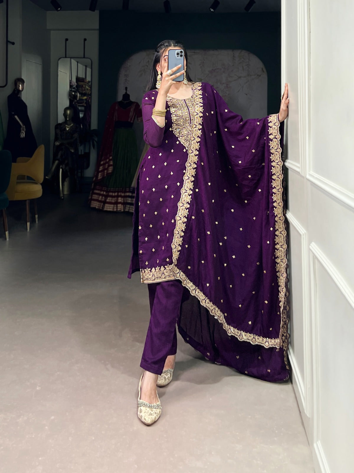 Purple Elegant Vichitra Silk Top & Bottom Set with Sequins & Thread Embroidery Work – Stitched Top, Plain Bottom, and Matching Dupatta ClothsVilla