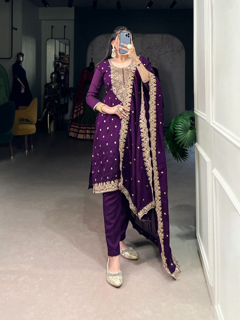 Purple Elegant Vichitra Silk Top & Bottom Set with Sequins & Thread Embroidery Work – Stitched Top, Plain Bottom, and Matching Dupatta ClothsVilla