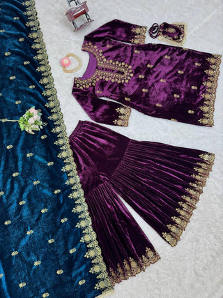 Purple Elegant Viscose Velvet Embroidered Sharara Set ClothsVilla