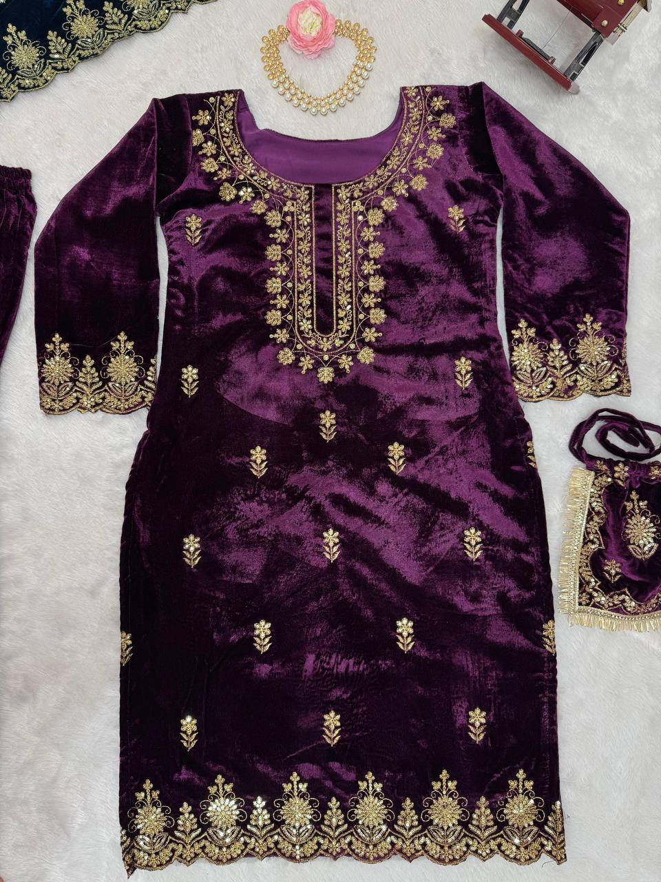 Purple Elegant Viscose Velvet Embroidered Sharara Set ClothsVilla