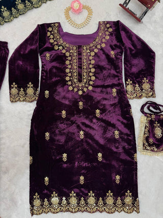 Purple Elegant Viscose Velvet Embroidered Sharara Set ClothsVilla