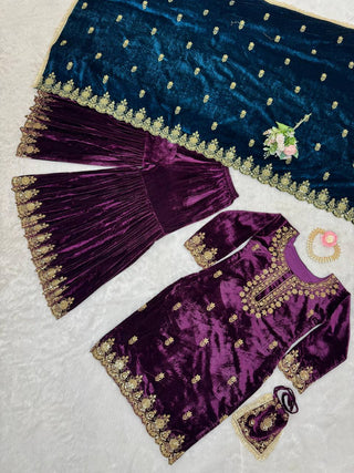 Purple Elegant Viscose Velvet Embroidered Sharara Set ClothsVilla
