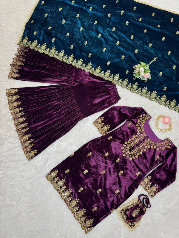 Purple Elegant Viscose Velvet Embroidered Sharara Set ClothsVilla