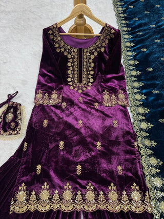 Purple Elegant Viscose Velvet Embroidered Sharara Set ClothsVilla