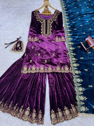 Purple Elegant Viscose Velvet Embroidered Sharara Set ClothsVilla