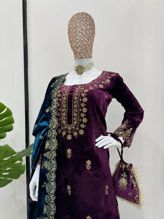 Purple Elegant Viscose Velvet Embroidered Sharara Set ClothsVilla