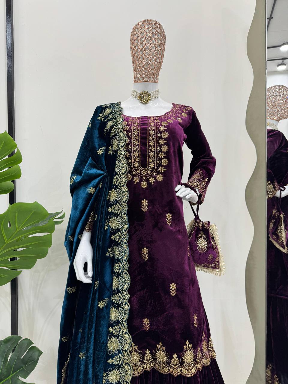 Purple Elegant Viscose Velvet Embroidered Sharara Set ClothsVilla