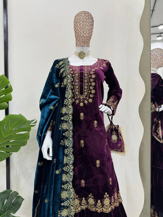 Purple Elegant Viscose Velvet Embroidered Sharara Set ClothsVilla