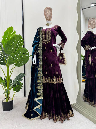 Purple Elegant Viscose Velvet Embroidered Sharara Set ClothsVilla