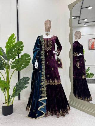 Purple Elegant Viscose Velvet Embroidered Sharara Set ClothsVilla