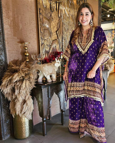 Purple Elegant Viscose Velvet Kaftan with Plazo – Digital Print & Lace Border ClothsVilla