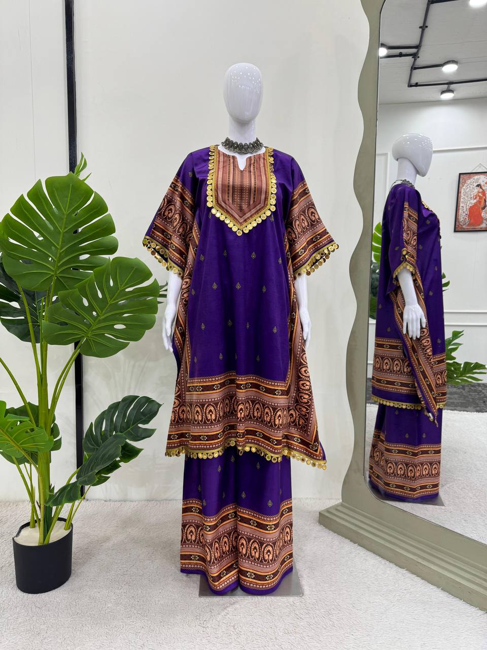 Purple Elegant Viscose Velvet Kaftan with Plazo – Digital Print & Lace Border ClothsVilla