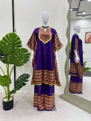 Purple Elegant Viscose Velvet Kaftan with Plazo – Digital Print & Lace Border ClothsVilla