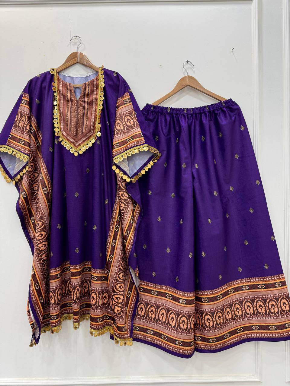 Purple Elegant Viscose Velvet Kaftan with Plazo – Digital Print & Lace Border ClothsVilla