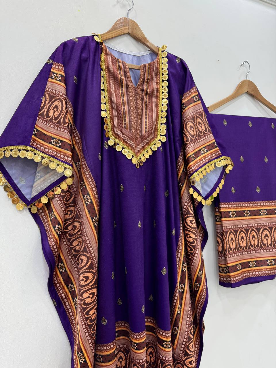 Purple Elegant Viscose Velvet Kaftan with Plazo – Digital Print & Lace Border ClothsVilla