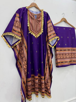 Purple Elegant Viscose Velvet Kaftan with Plazo – Digital Print & Lace Border ClothsVilla