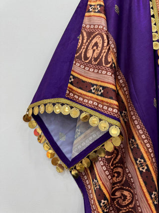 Purple Elegant Viscose Velvet Kaftan with Plazo – Digital Print & Lace Border ClothsVilla