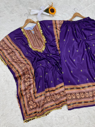 Purple Elegant Viscose Velvet Kaftan with Plazo – Digital Print & Lace Border ClothsVilla