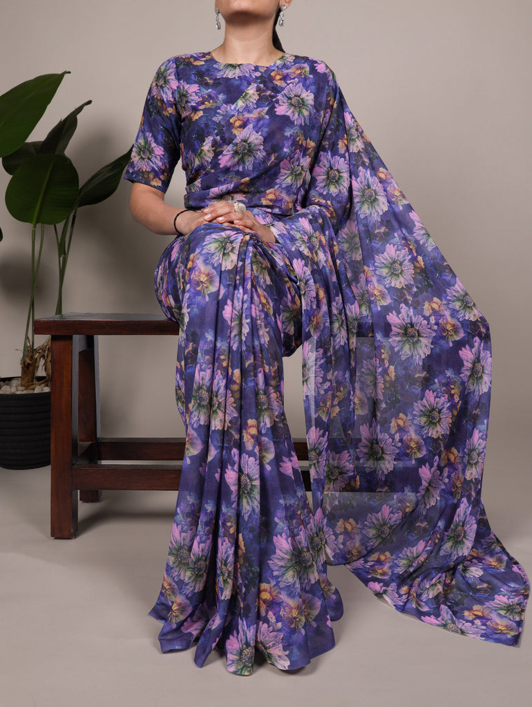 Purple Elegant Weightless Marbal Floral Print Saree with Matching Blouse – Unstitched Ensemble ClothsVilla
