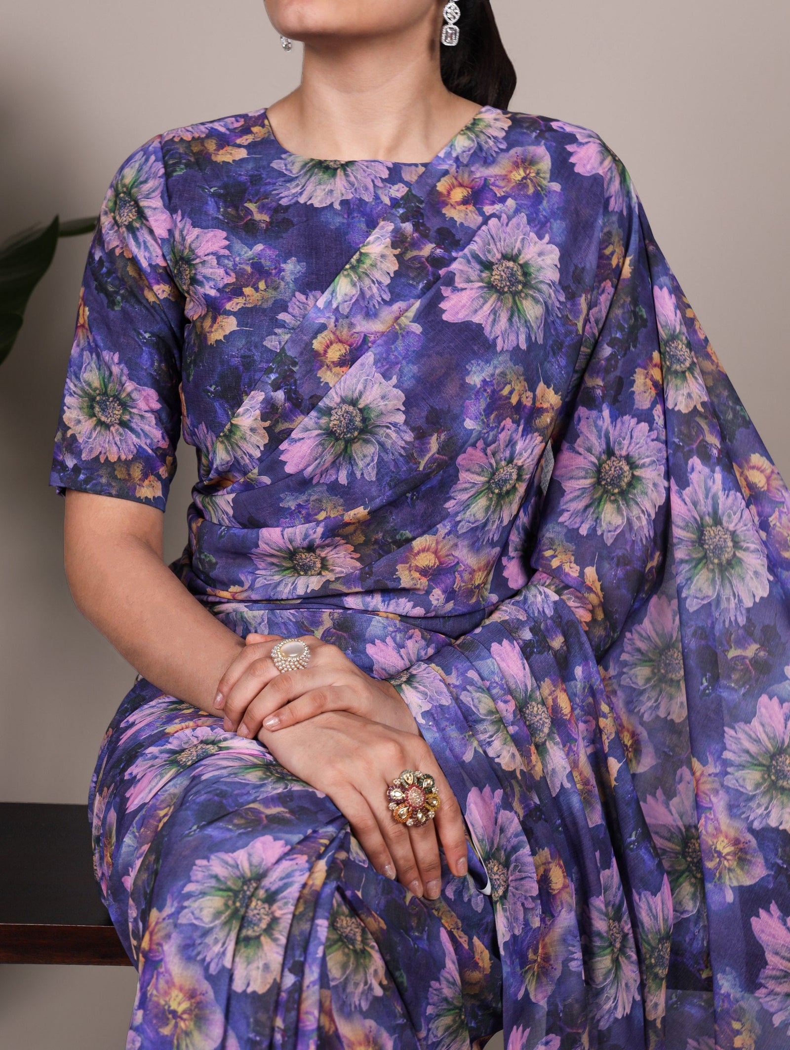 Purple Elegant Weightless Marbal Floral Print Saree with Matching Blouse – Unstitched Ensemble ClothsVilla
