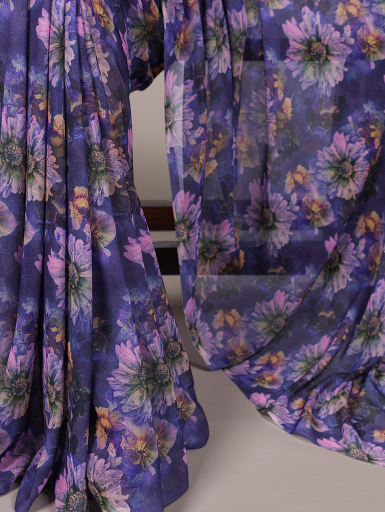Purple Elegant Weightless Marbal Floral Print Saree with Matching Blouse – Unstitched Ensemble ClothsVilla