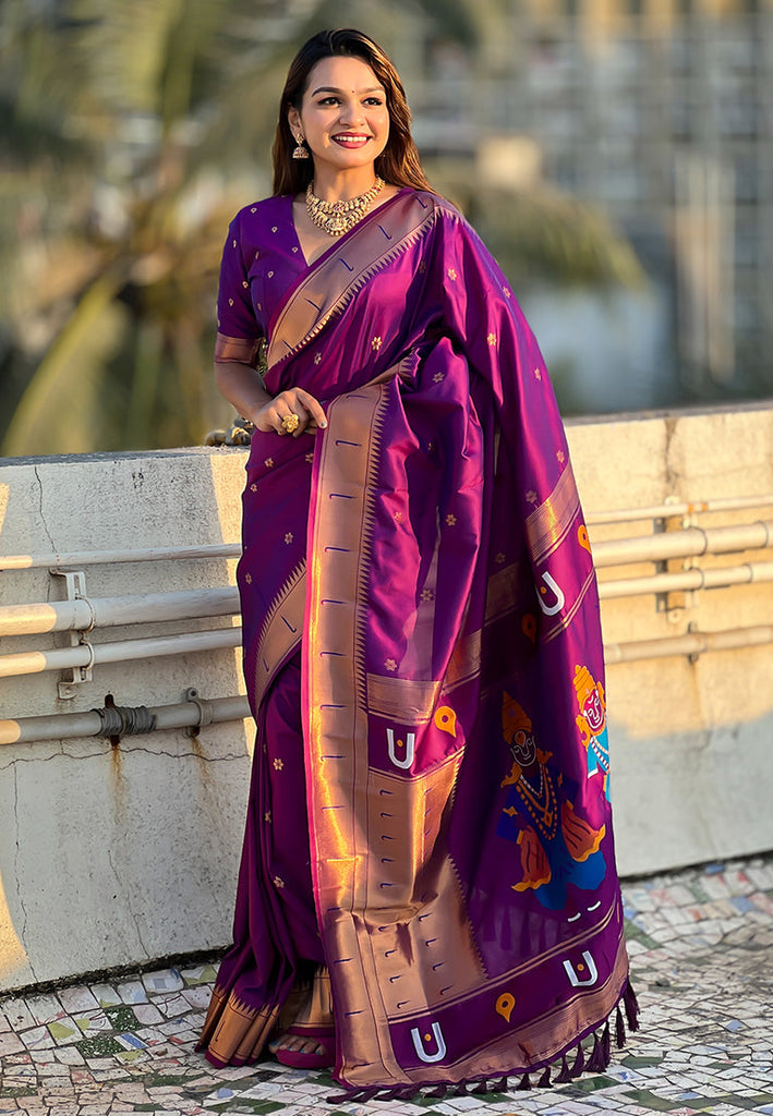Purple Elegant Women's Soft Paithani Silk Saree with Zari Woven Design ClothsVilla