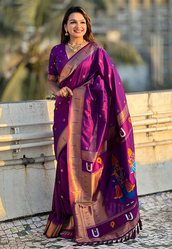 Purple Elegant Women's Soft Paithani Silk Saree with Zari Woven Design ClothsVilla