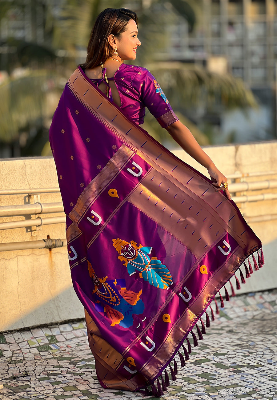Purple Elegant Women's Soft Paithani Silk Saree with Zari Woven Design ClothsVilla