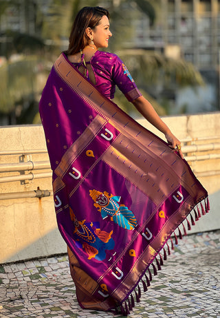 Purple Elegant Women's Soft Paithani Silk Saree with Zari Woven Design ClothsVilla