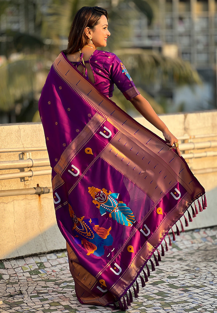 Purple Elegant Women's Soft Paithani Silk Saree with Zari Woven Design ClothsVilla