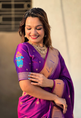 Purple Elegant Women's Soft Paithani Silk Saree with Zari Woven Design ClothsVilla