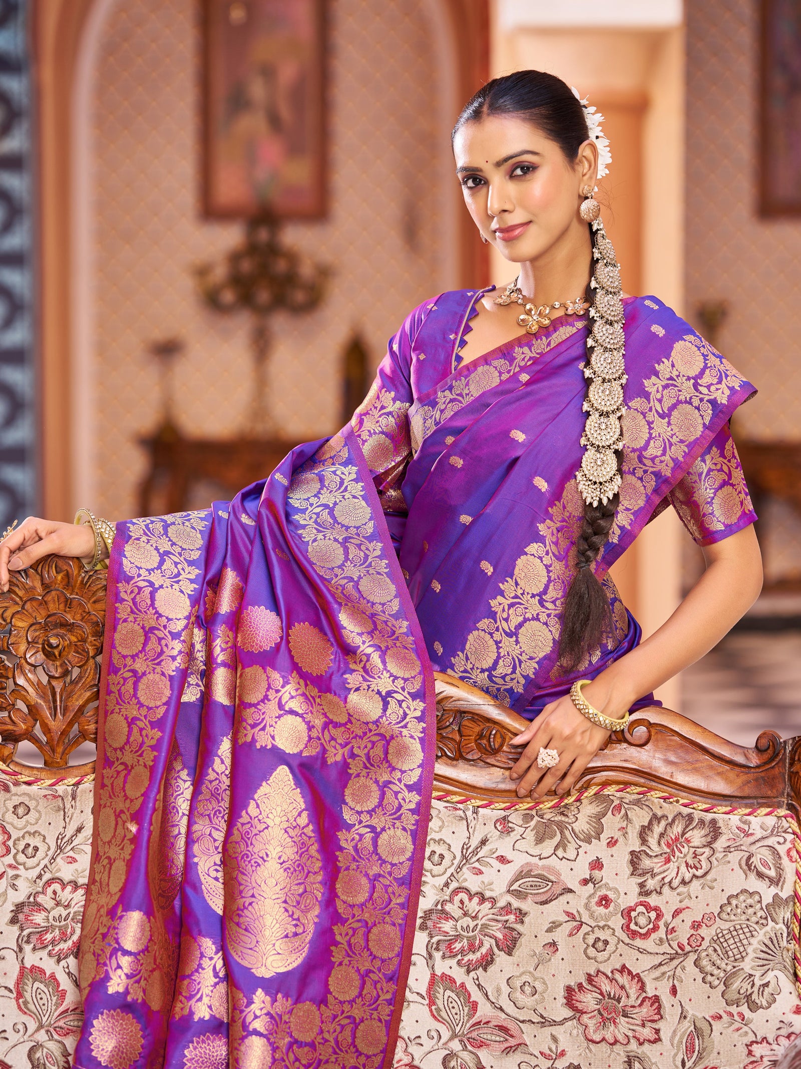 Purple Elegant Woven Assam Silk Saree with Unstitched Blouse Piece ClothsVilla